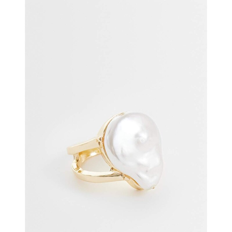 ASOS DESIGN double band ring with faux freshwater pearl in gold
