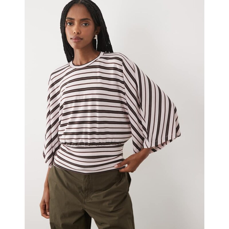 ASOS DESIGN batwing sleeve cinched waist top in stripe-Yellow