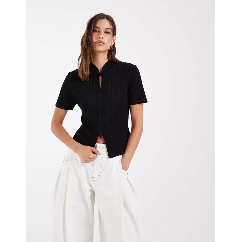ASOS DESIGN mandarin collar knit rib top in black