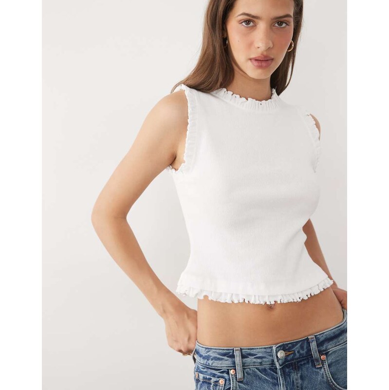 ASOS DESIGN ribbed with frill tank top in white