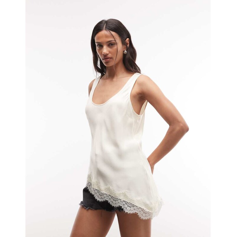 Reclaimed vintage satin asymmetric cami top in ecru-White