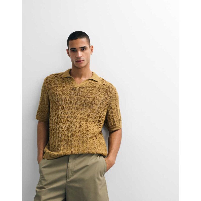 ASOS DESIGN oversized open knit textured polo in bronze-Brown