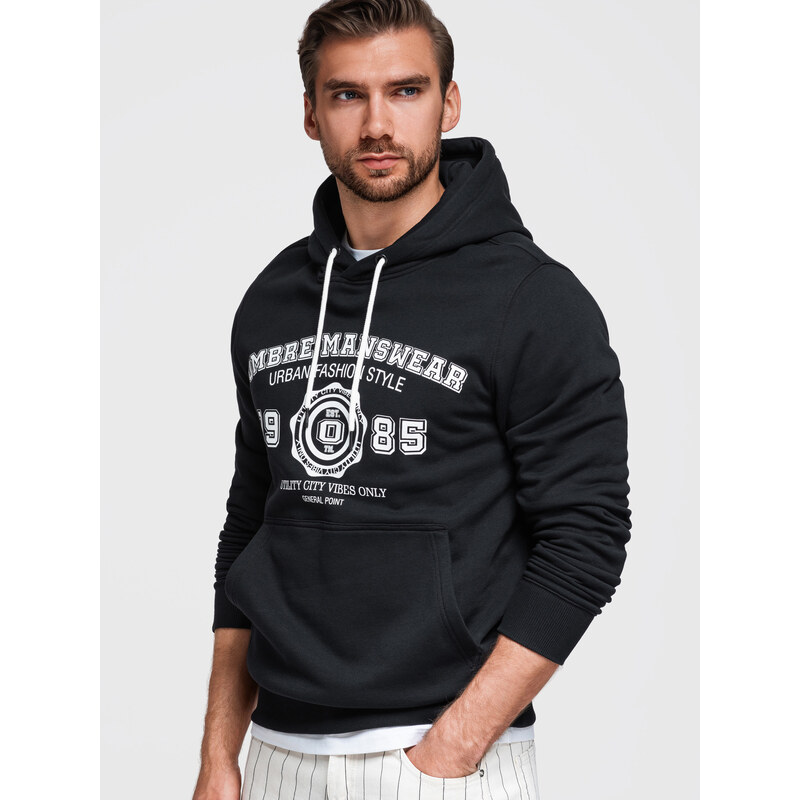 Ombre Mens kangaroo hoodie with college style print - black