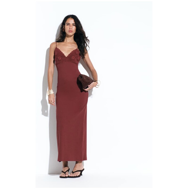 ASOS DESIGN crochet detail strappy midi dress in rust-Brown