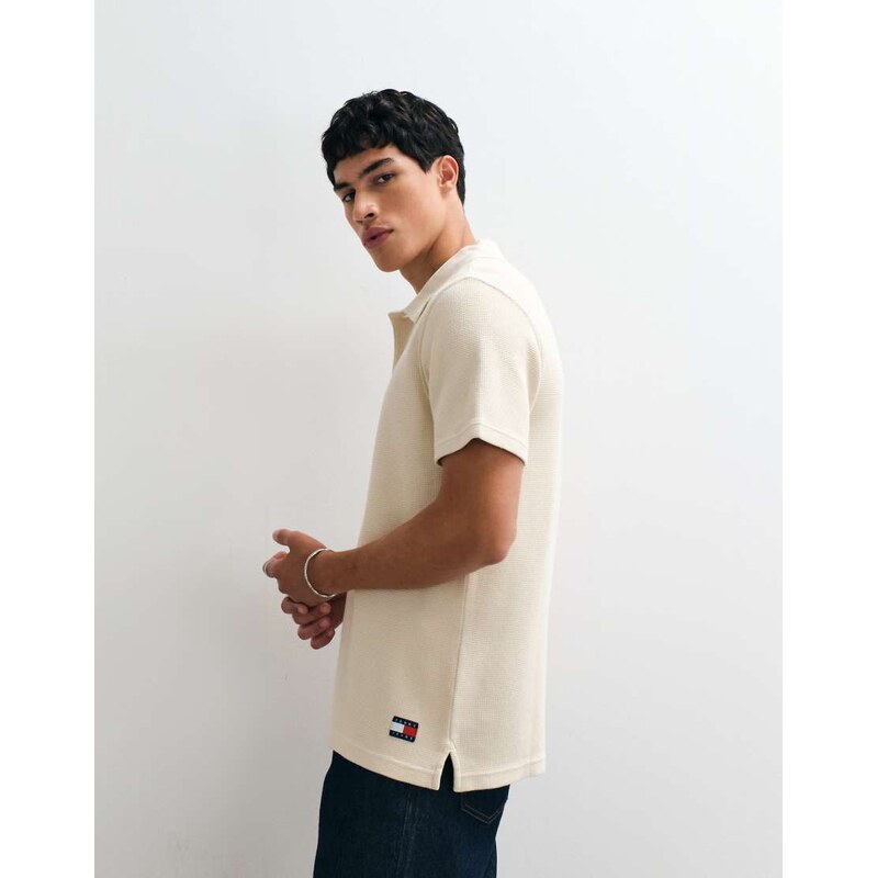 Tommy Jeans waffle textured polo shirt in beige-Neutral