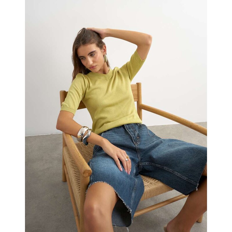 Topshop knitted short sleeve polo v neck top in lime-Multi