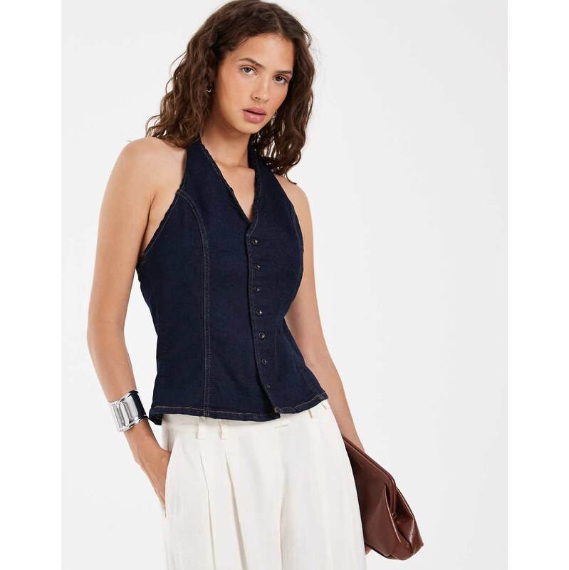 Pieces halterneck button front denim top in dark blue-Navy