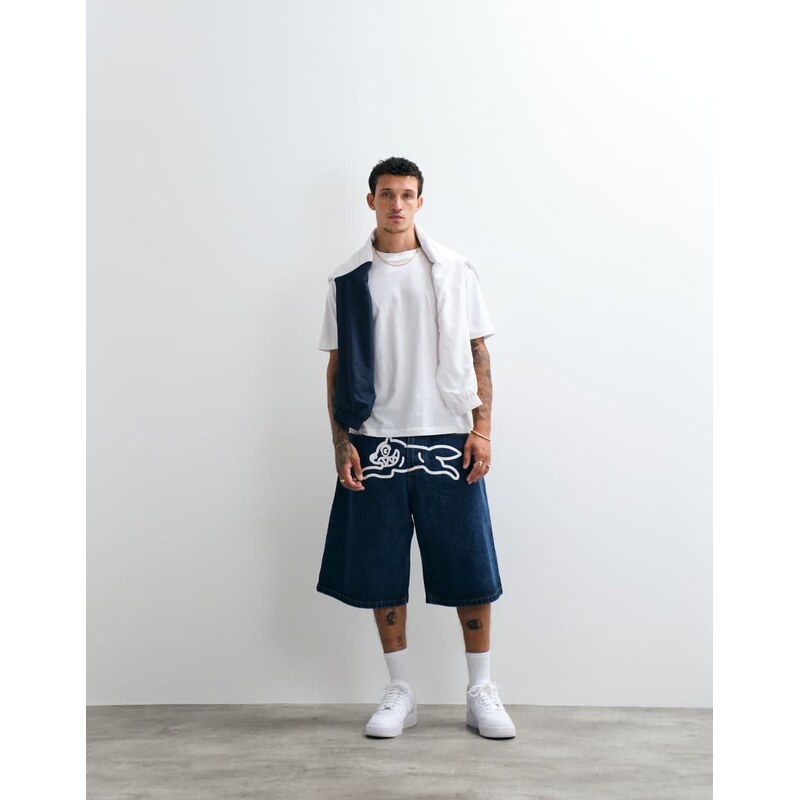 ICECREAM scoop denim jorts with with running dog in mid wash