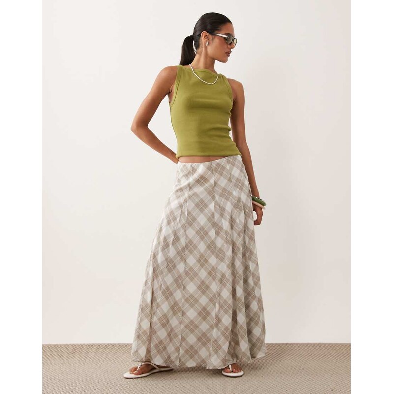 Abercrombie & Fitch flowy midi skirt in white and brown plaid