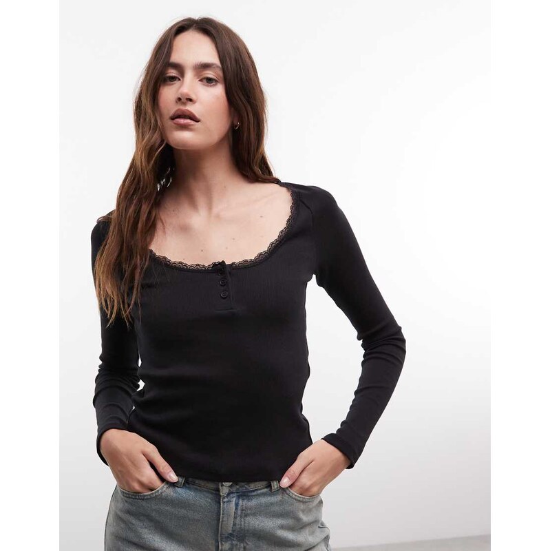 Noisy May long sleeve henley t-shirt with lace neckline in black