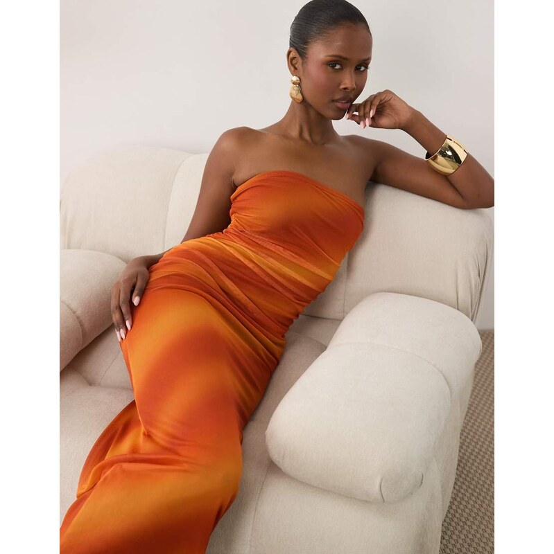 Missyempire mesh overlay bandeau maxi dress in orange ombre