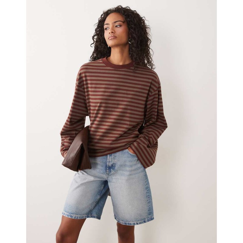 Gina Tricot long sleeve top in brown & plum stripe