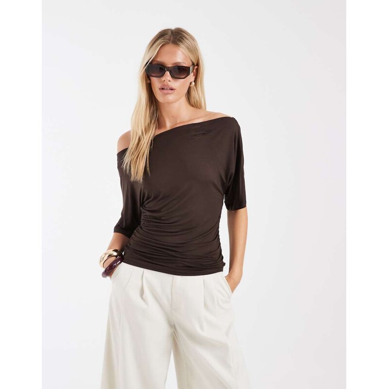 Noisy May boatneck top with ruched detail in brown