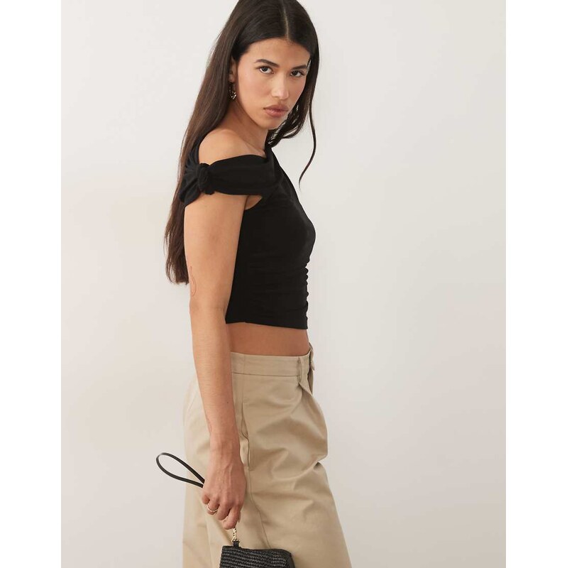 ASOS DESIGN slinky knot shoulder top with asymmetric hem in