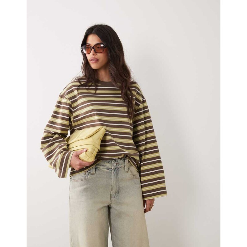 Gina Tricot long sleeve top in khaki stripe-Green