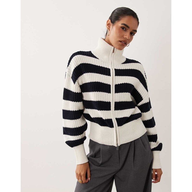 Gina Tricot rich cotton knitted zip cardigan in navy stripe