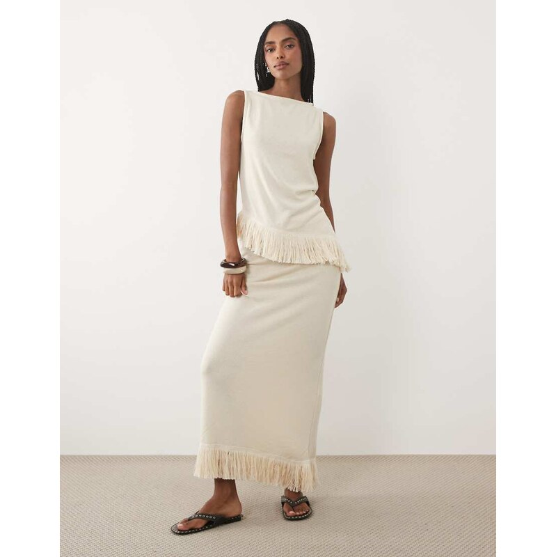 ASOS DESIGN textured co-ord maxi skirt with tassel in cream