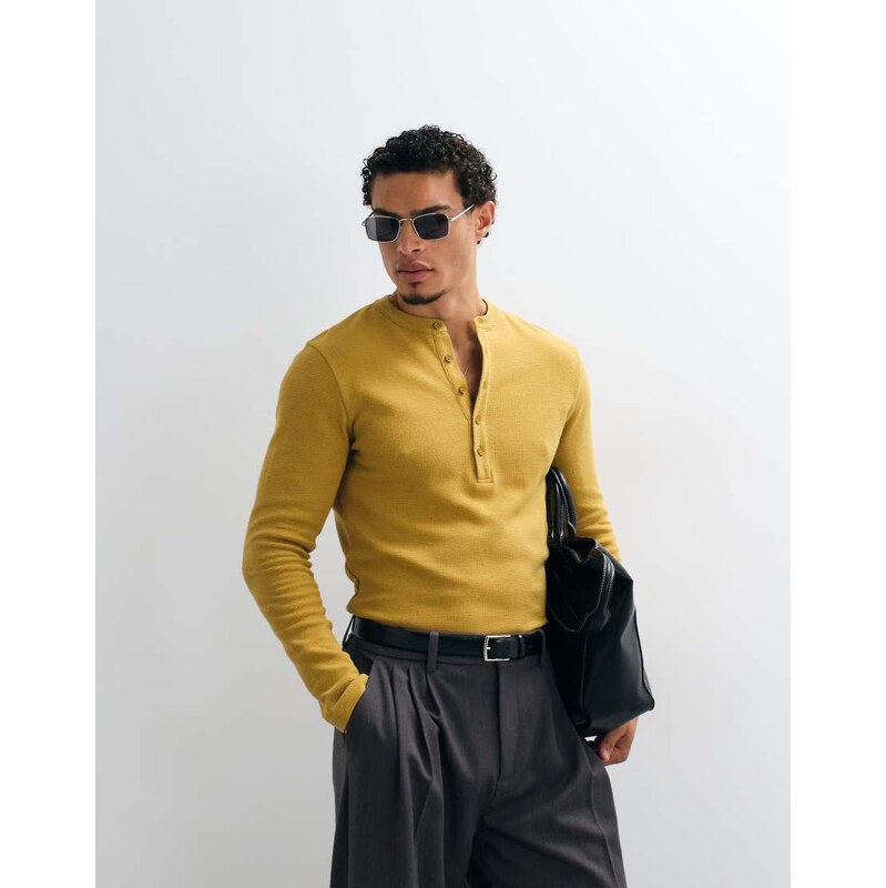 ASOS DESIGN slim fit long sleeve t-shirt with henley in yellow