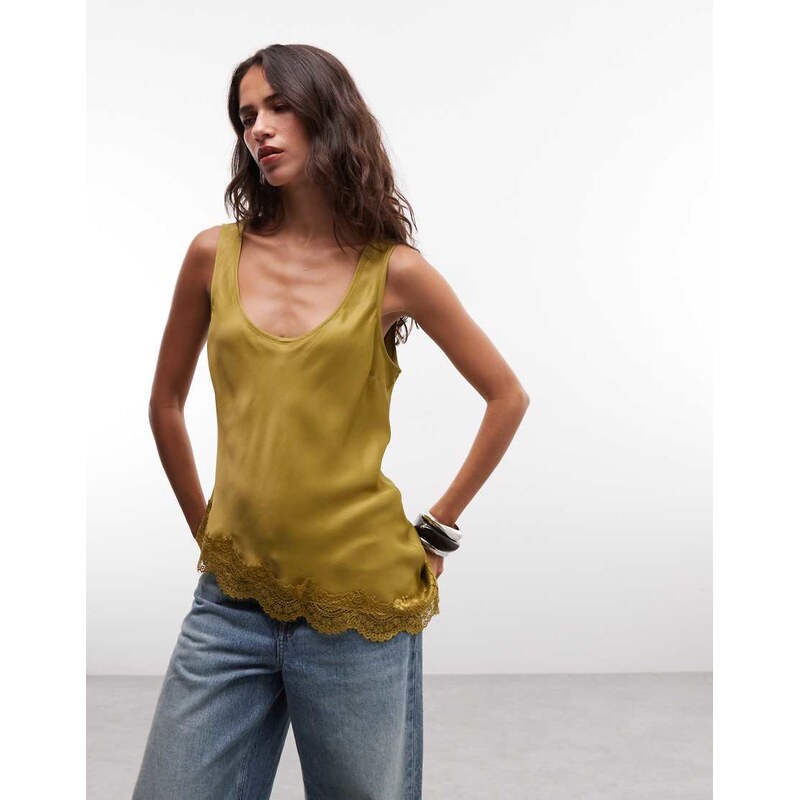 Reclaimed vintage satin asymmetric cami top in olive-White