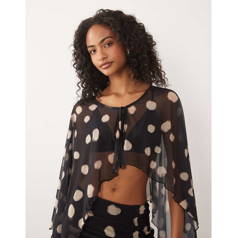 ASOS DESIGN co-ord printed mesh caped tie front top in mono spot