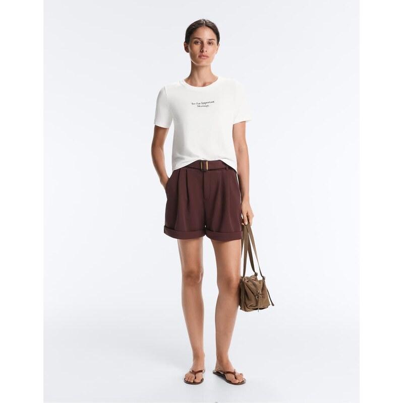 OYSHO Cotton piqué belted shorts in brown