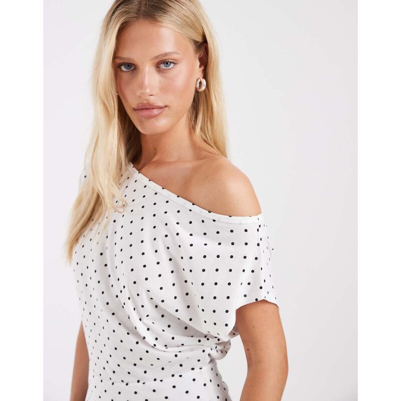 Hollister short sleeve off shoulder top in white polka dot
