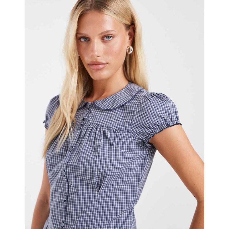 Hollister short sleeve babydoll shirt in blue check