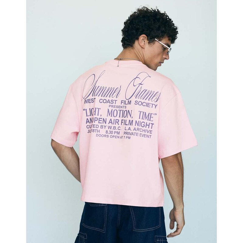 Bershka Boxy short sleeve print t-shirt in pink