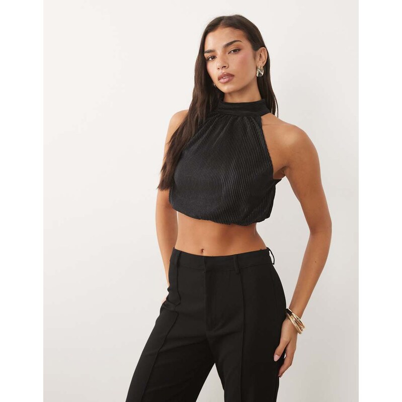 ASOS DESIGN co-ord plisse cropped bubble halter neck top in