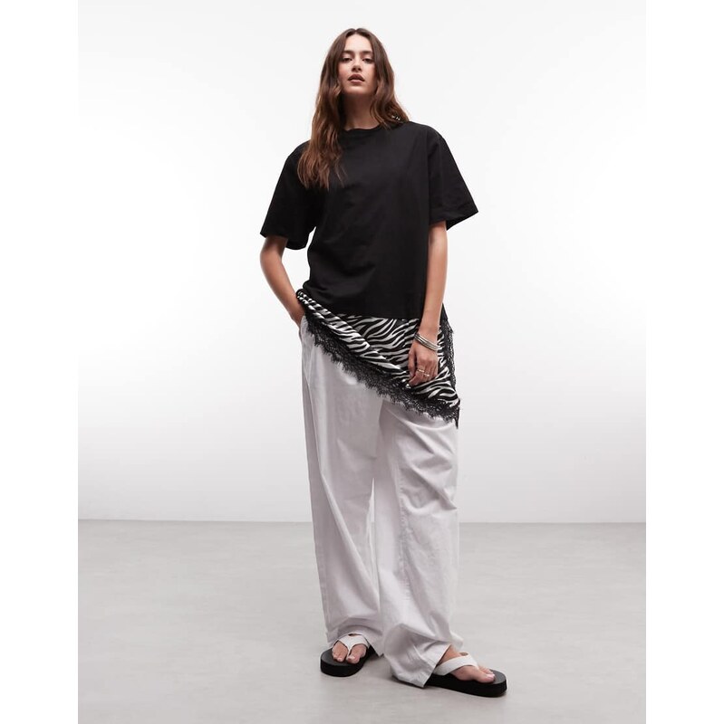 Noisy May oversized t-shirt with asymm satin lace hem underlay