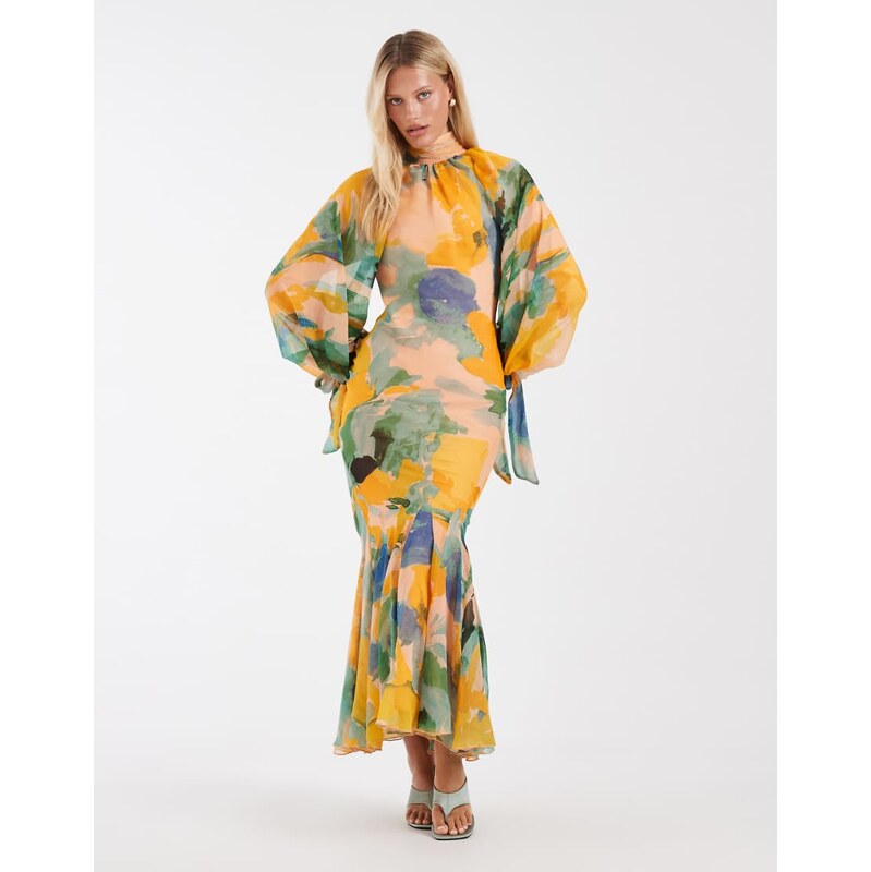 ASOS DESIGN high neck maxi dress with godet hem in green floral