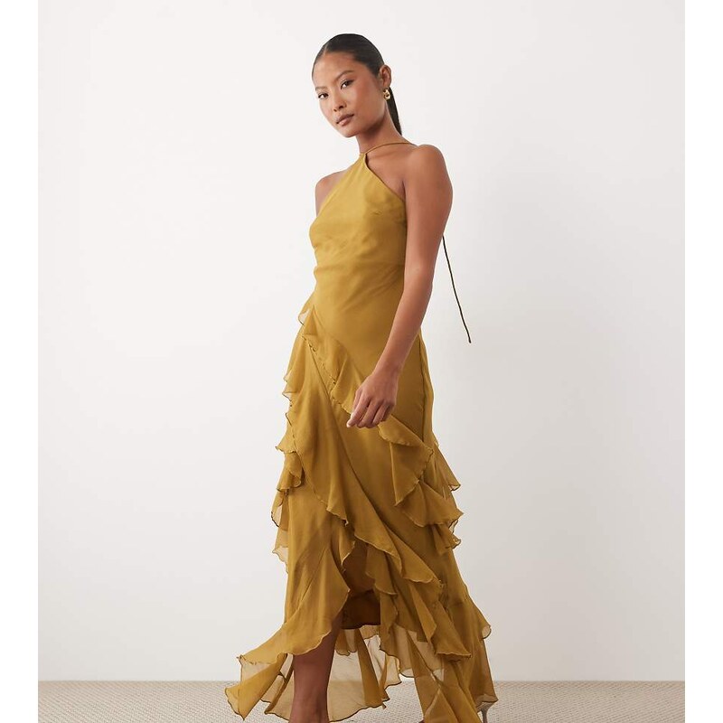 ASOS DESIGN Petite bias cut maxi dress with full hem cut ruffles