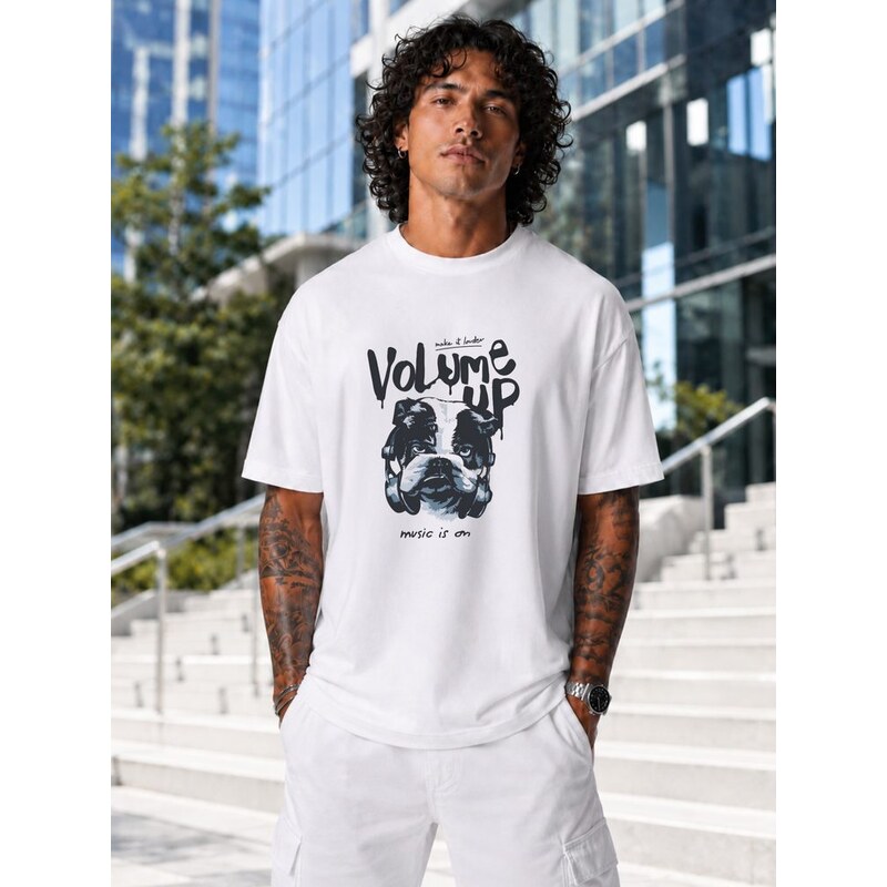 Dstreet Bílé tričko oversize s nápisem „Volume up“