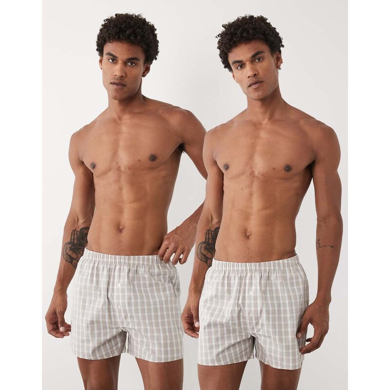 ASOS DESIGN 2 pack woven boxers in beige check-Neutral