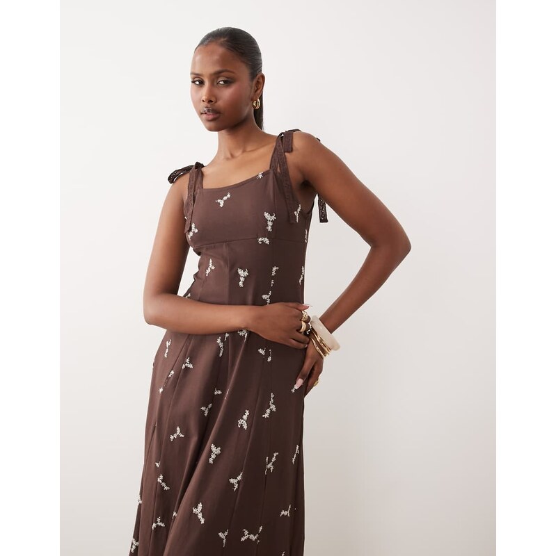 ASOS DESIGN tie up strap embroidered midi dress in chocolate