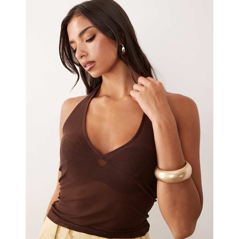 ASOS DESIGN sheer mesh halterneck top in black chocolate-Brown