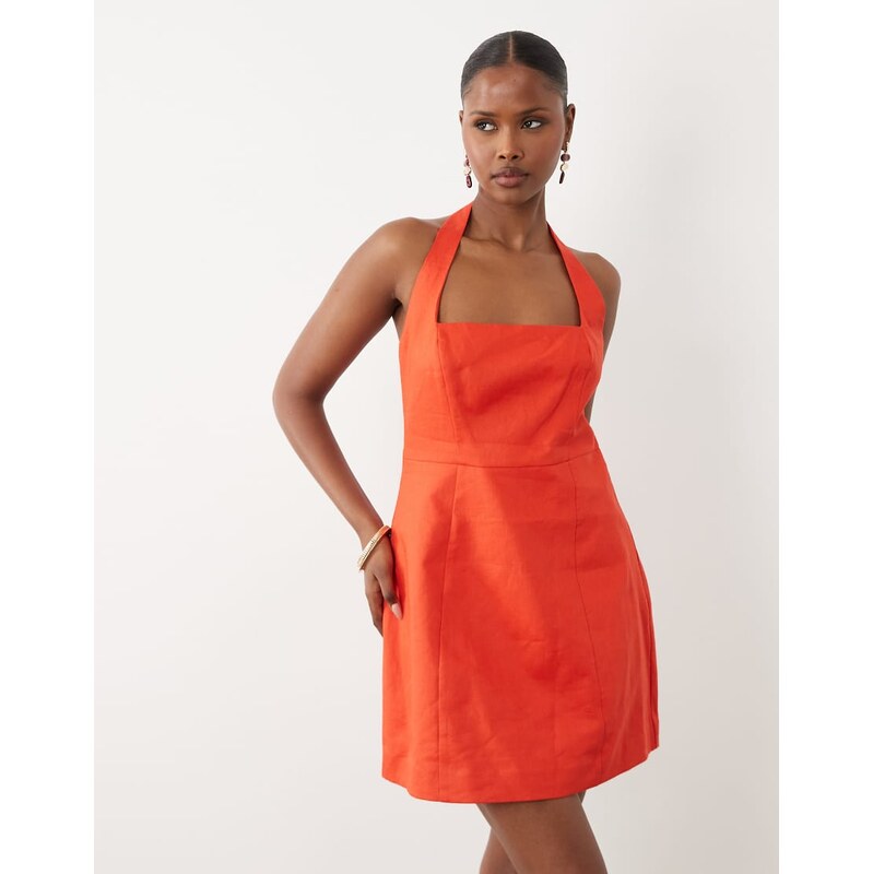 Forever New halter neck linen mini dress in orange
