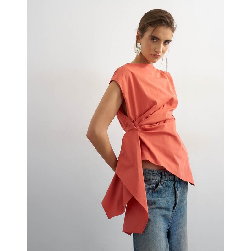 Topshop slash neck twist side top in burnt sienna-White