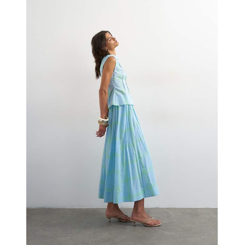 Topshop co-ord dropped waist deep v maxi skirt in blue check