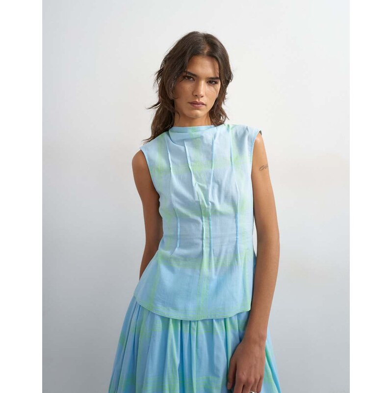 Topshop co-ord grown on neck pin tuck top in blue check