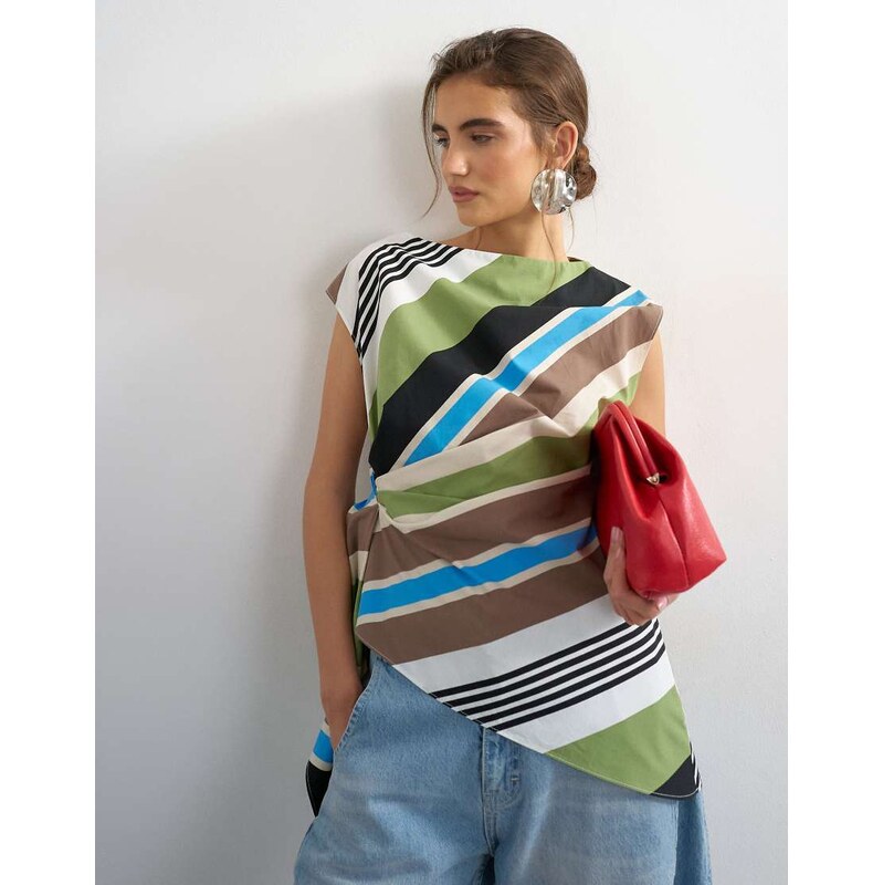 Topshop slash neck twist side top in green stripe