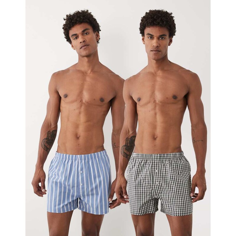 ASOS DESIGN 2 pack woven boxers in blue stripe and black check