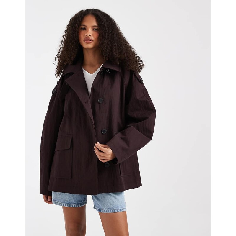 ASOS DESIGN funnel short trench a-line jacket in chocolate-Brown