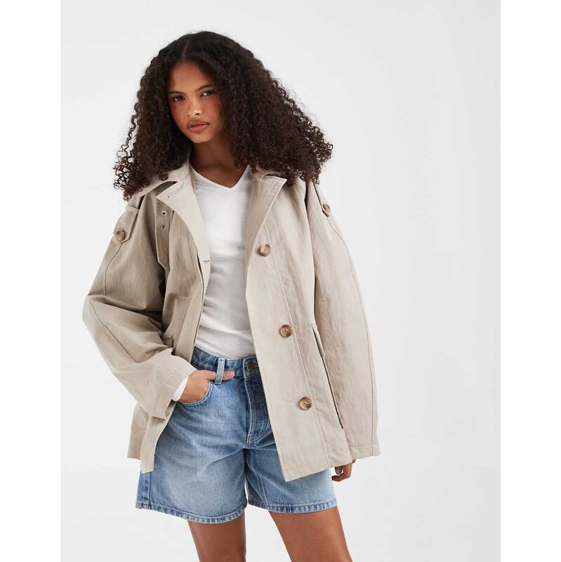 ASOS DESIGN funnel short trench a-line jacket in stone-Neutral