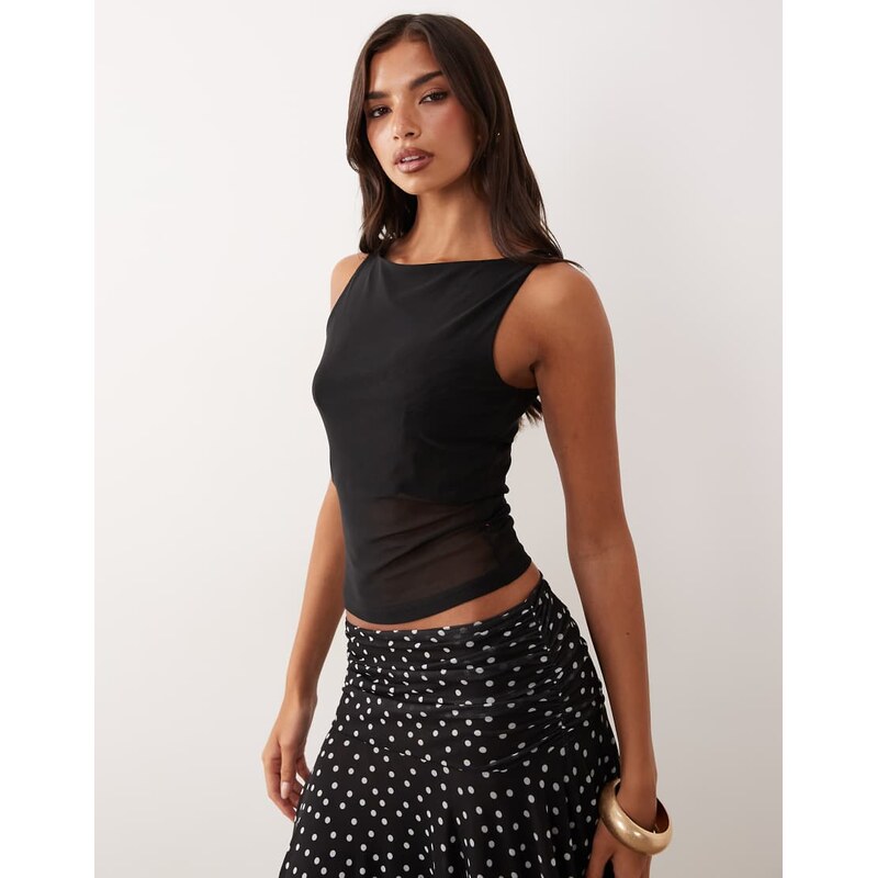 ASOS DESIGN sheer mesh tank top with asymmetric hem in black