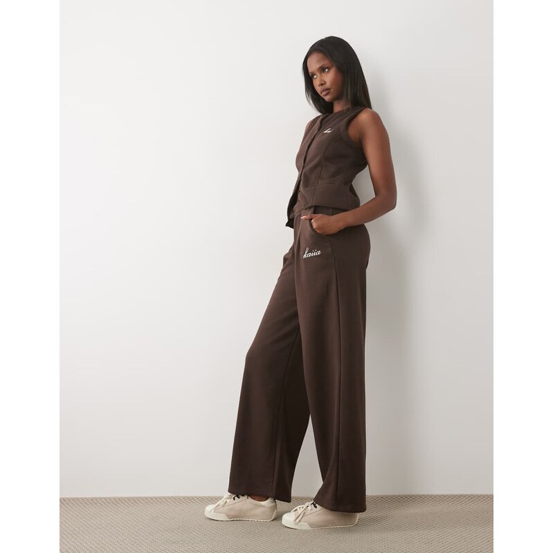 Kaiia cotton rich embroidered wide leg pintuck joggers co-ord in