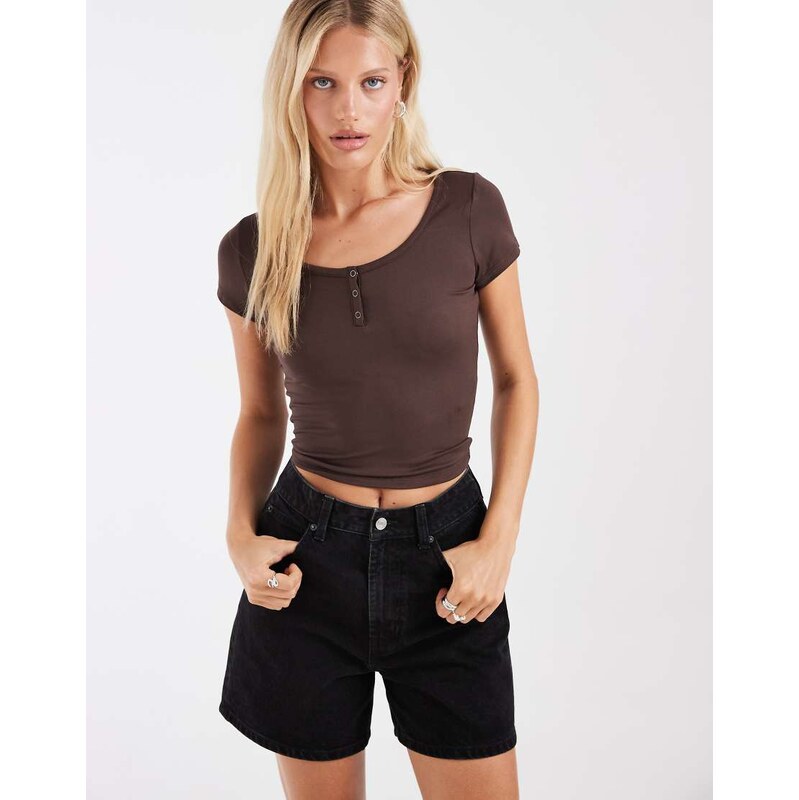 Hollister seamless v front button up t-shirt in brown