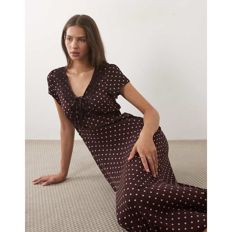 Brave Soul tie front midi dress with lace detail in burgundy