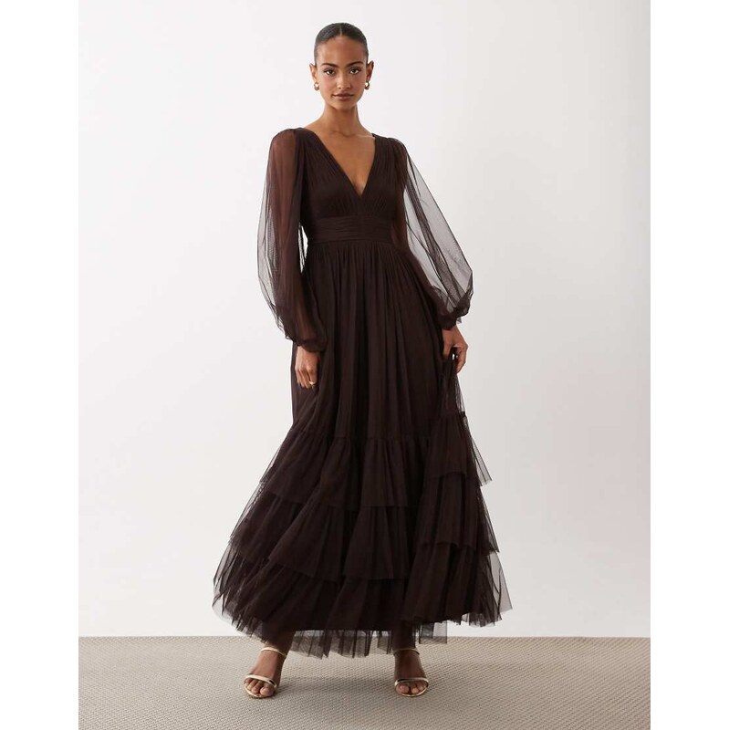 Lace & Beads Bridesmaid sheer mesh sleeve plunge neck tiered