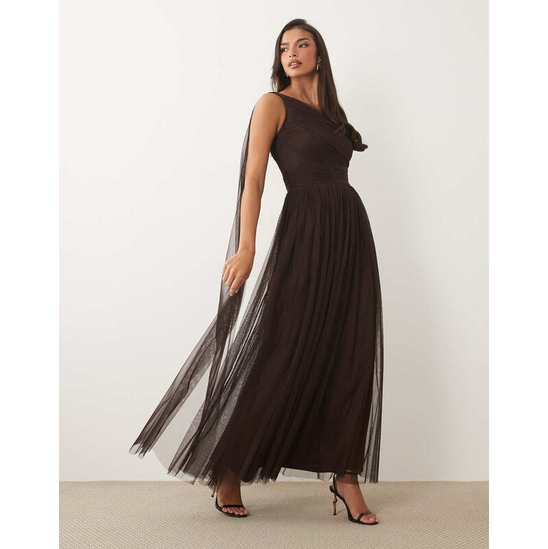 Lace & Beads Bridesmaid tulle one shoulder scarf neck maxi dress